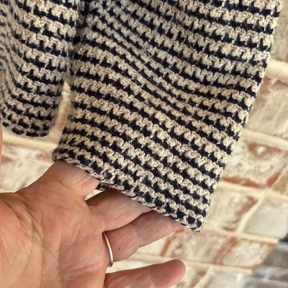 Chico's Lucy Navy and Cream Patterned Fringe Open Cardigan - Picture 3 of 11